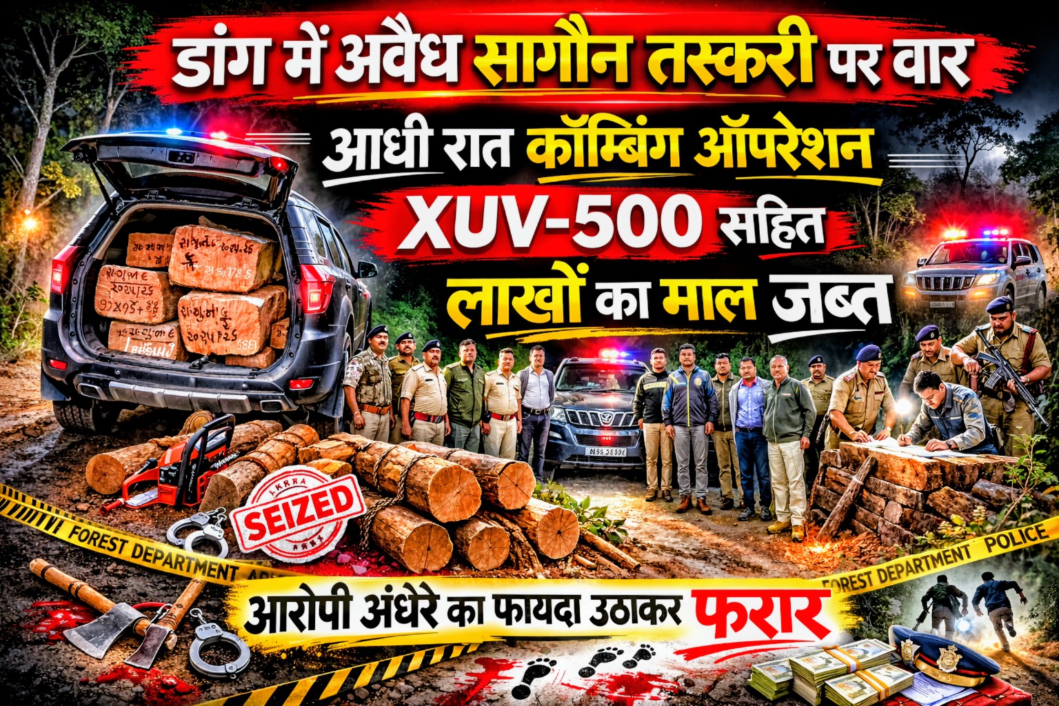 डांग में आधी रात सागौन तस्करी पर बड़ा एक्शन | वन-पुलिस का संयुक्त ऑपरेशन। एक आरोपी फरार।