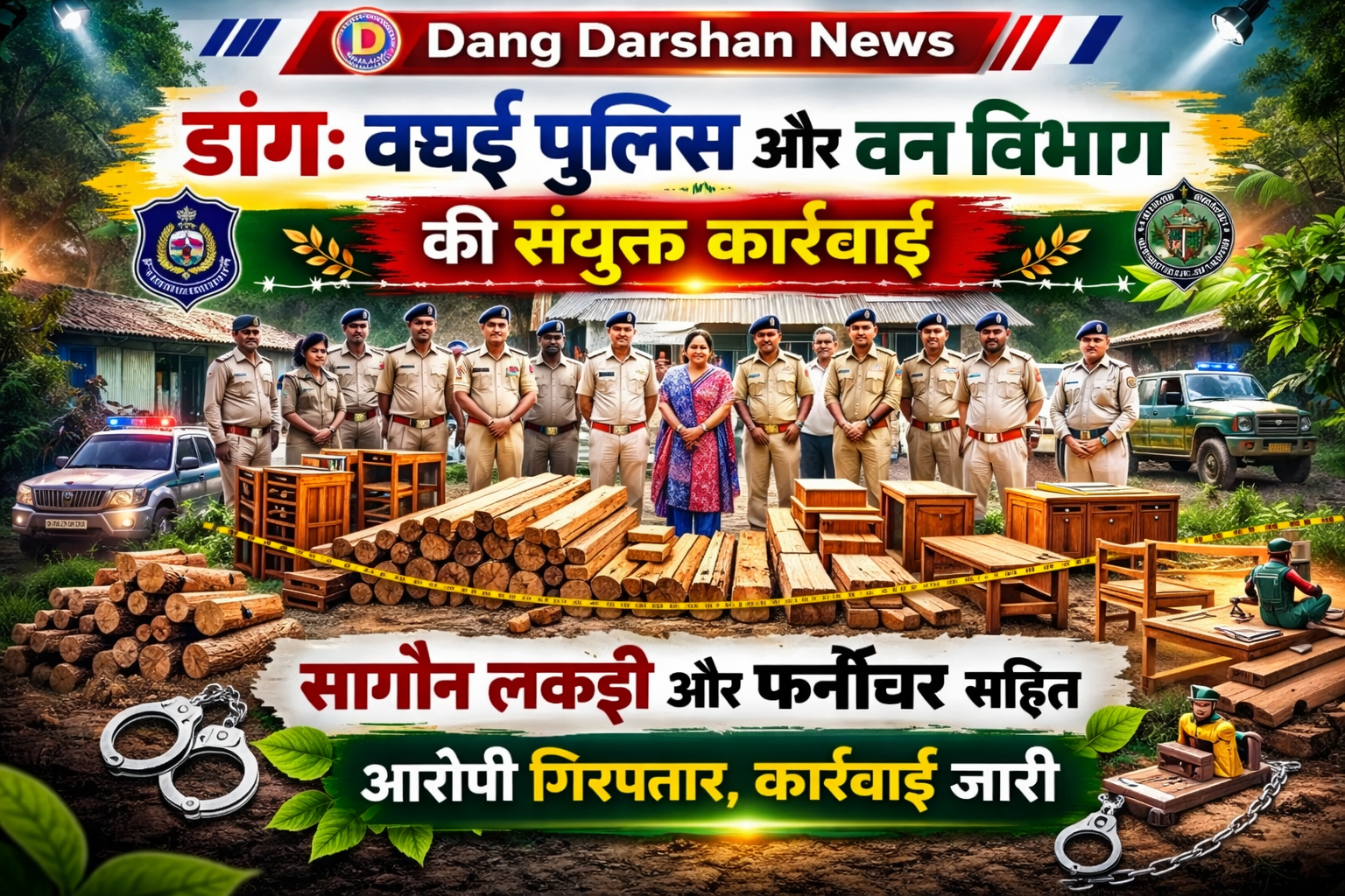 डांग : वघई पुलिस और वन विभाग की संयुक्त कार्रवाई, सागौन लकड़ी और फर्नीचर सहित ₹1.65 लाख का सामान जब्त।