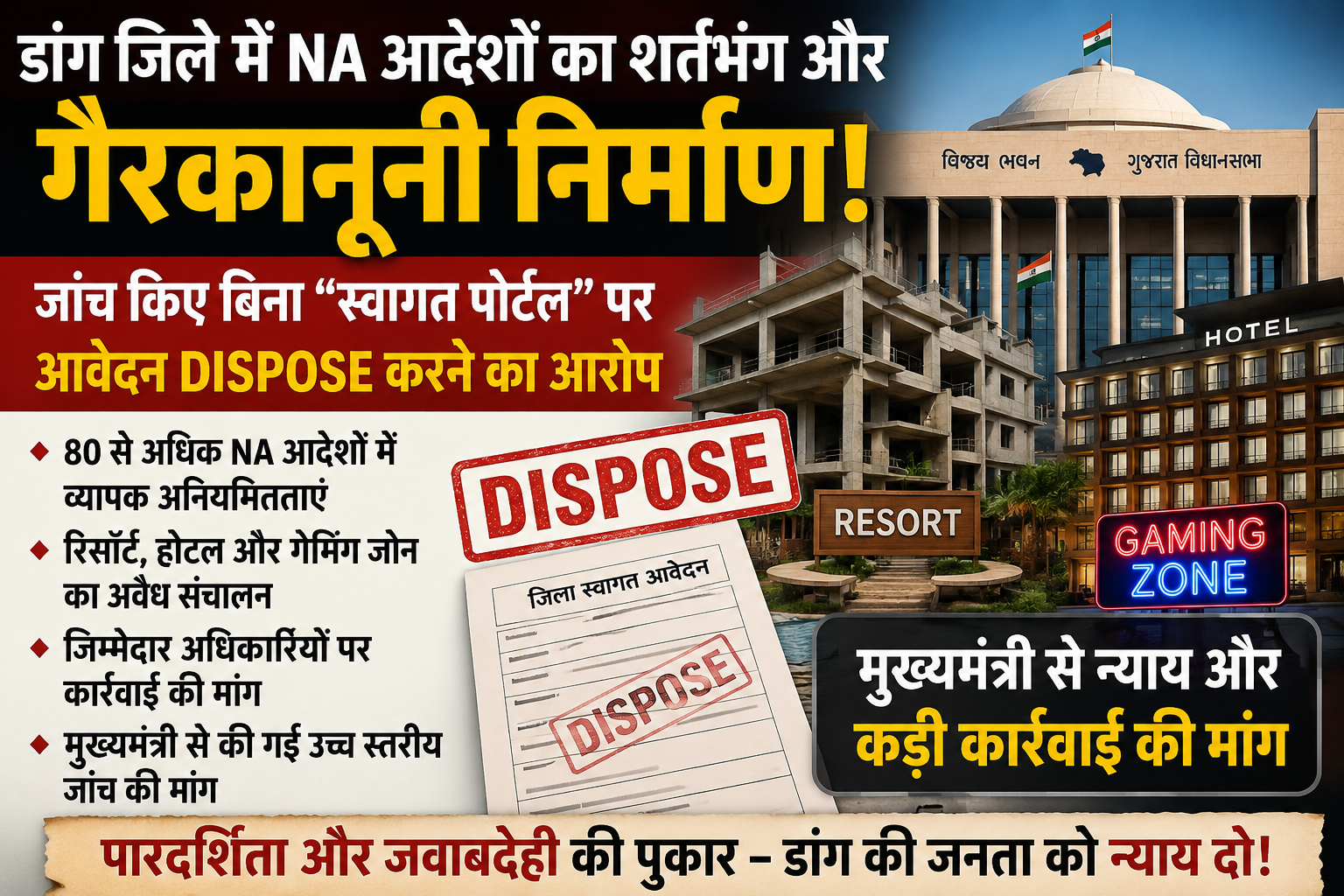 डांग जिले में NA आदेशों के शर्तभंग और अवैध निर्माणों के मामले में मुख्यमंत्री को शिकायत