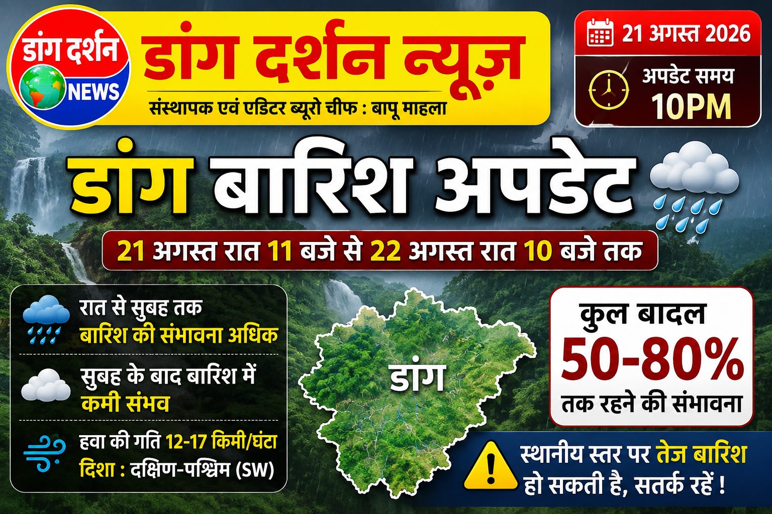 डांग बारिश अपडेट: 21 अगस्त रात से 22 अगस्त तक हल्की से मध्यम बारिश की संभावना